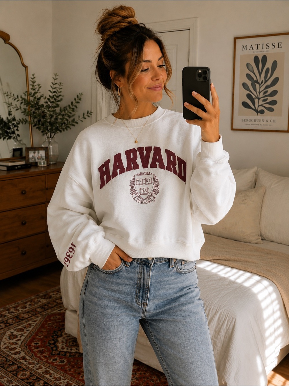 Primark White Cropped Harvard Sweatshirt with Maroon Logo